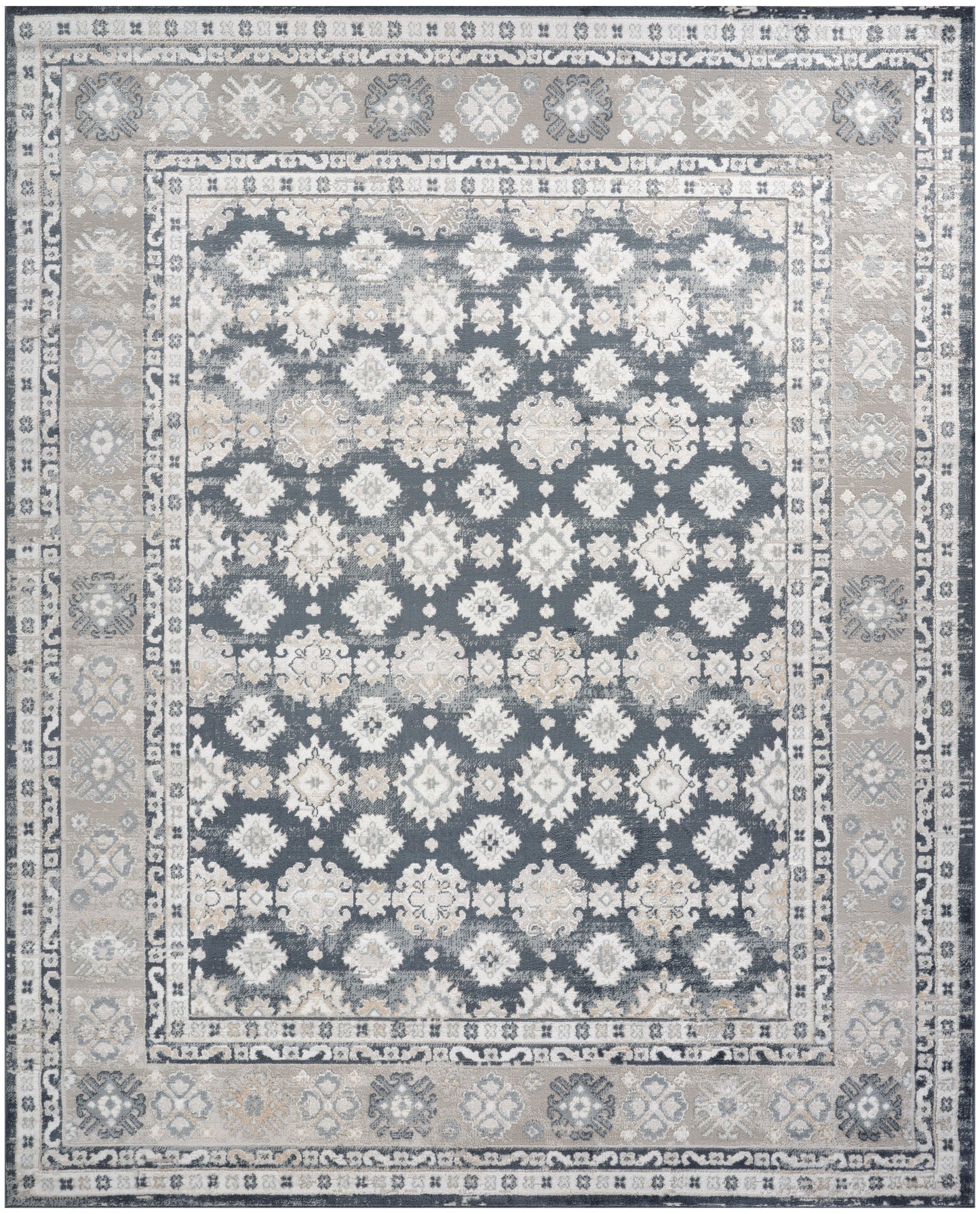 Traditional oriental area rug with navy blue field, cream floral medallions, and beige ivory border.