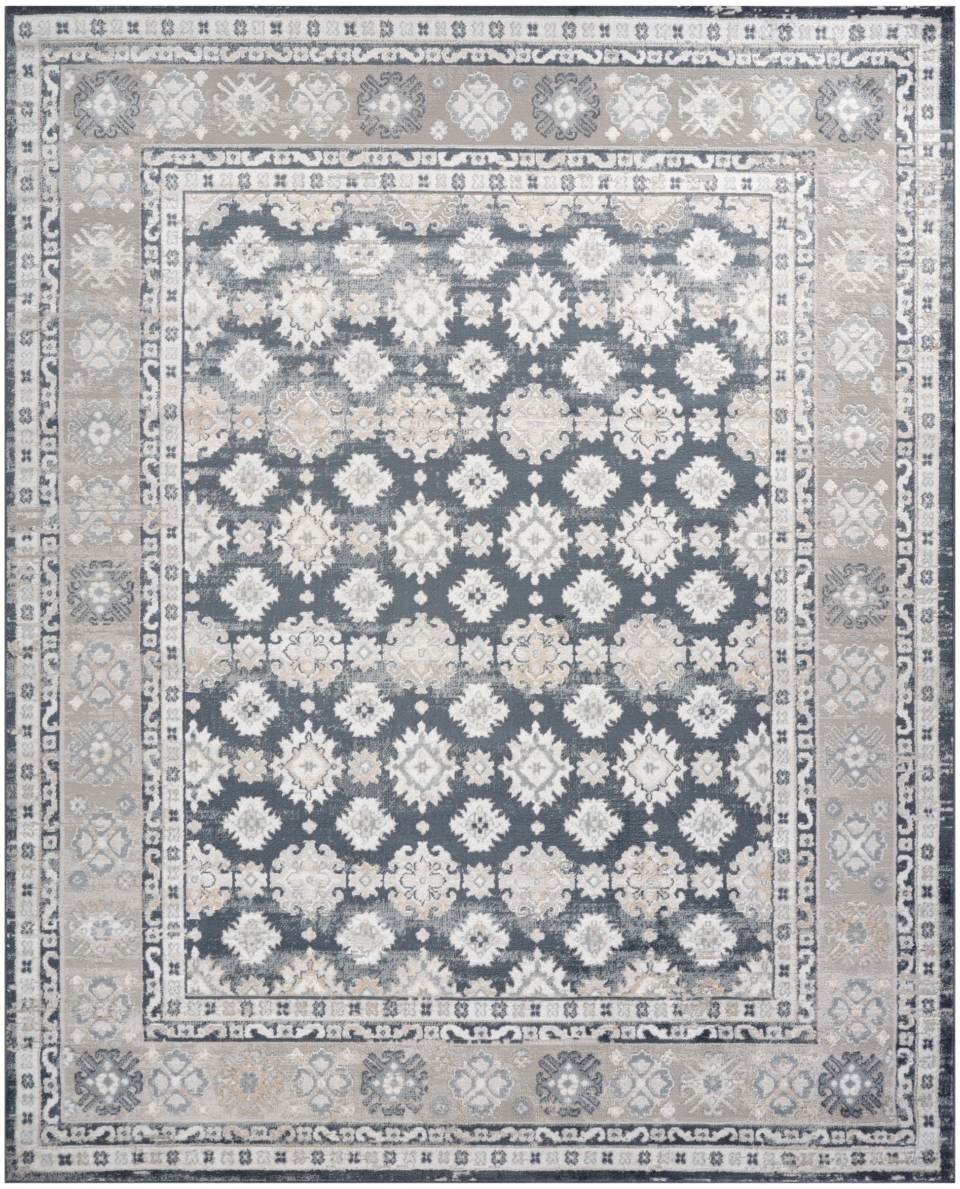 Traditional oriental area rug with navy blue field, cream floral medallions, and beige ivory border.