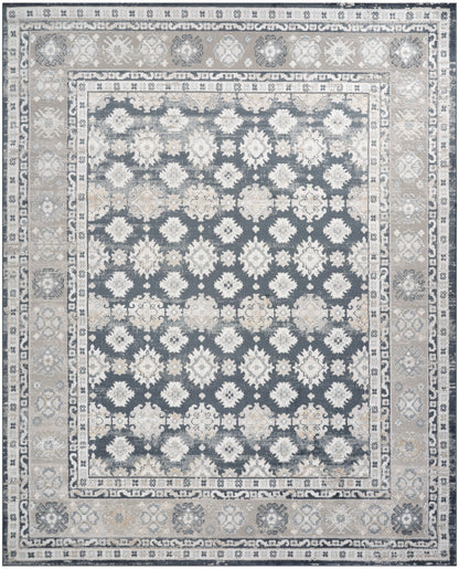 Traditional oriental area rug with navy blue field, cream floral medallions, and beige ivory border.