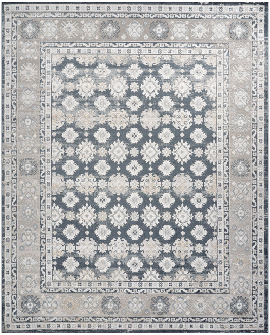 Traditional oriental area rug with navy blue field, cream floral medallions, and beige ivory border.