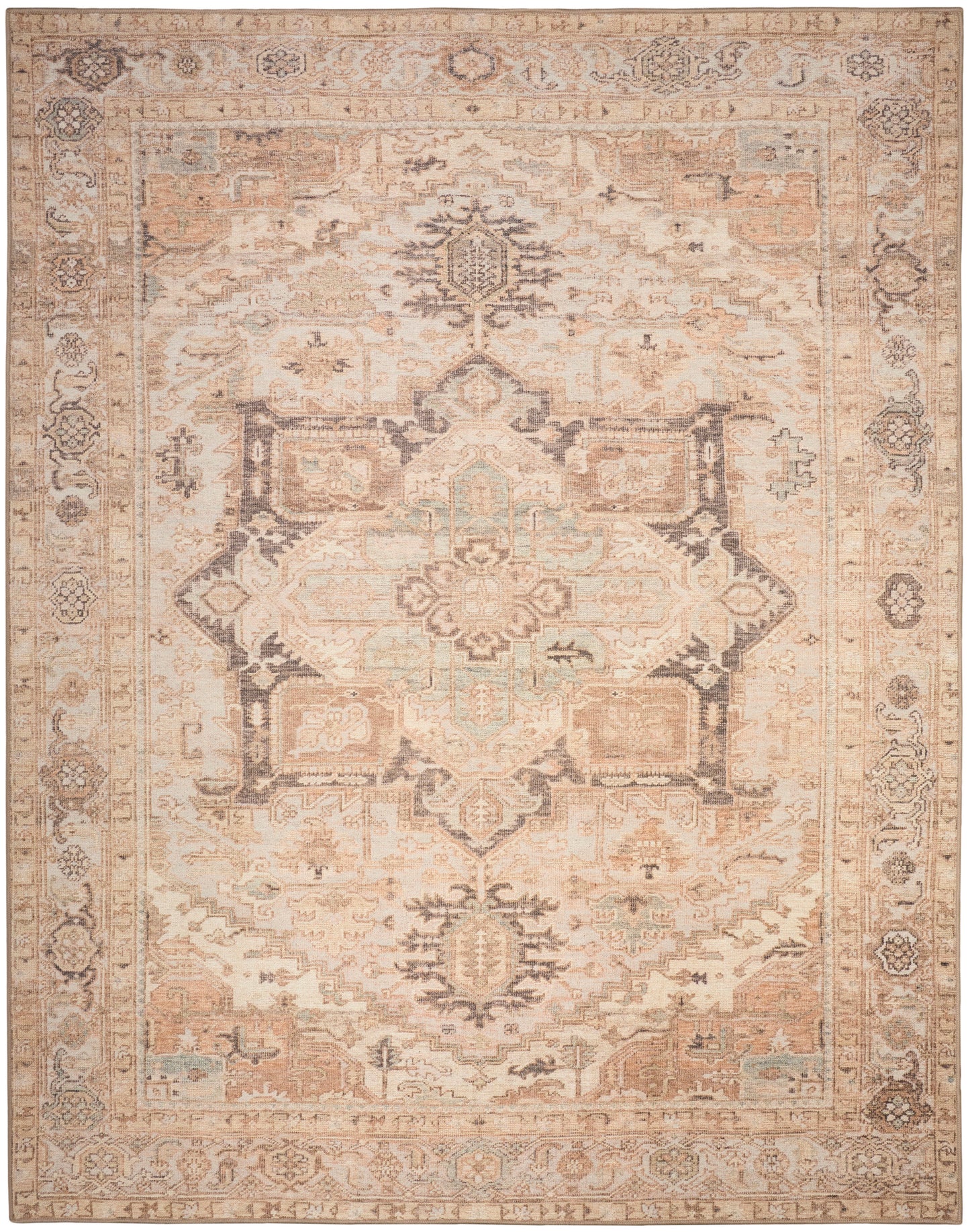 Distressed ivory oriental rug with cream, tan, and taupe; central medallion and ornate border in Persian-inspired design.