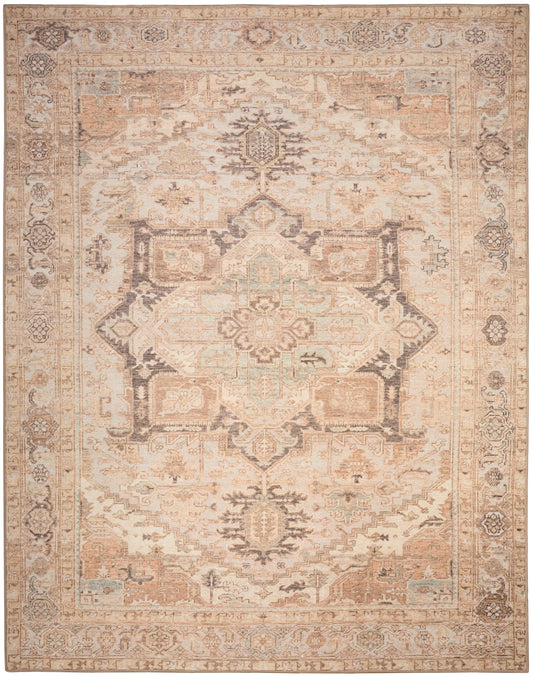 Distressed ivory oriental rug with cream, tan, and taupe; central medallion and ornate border in Persian-inspired design.