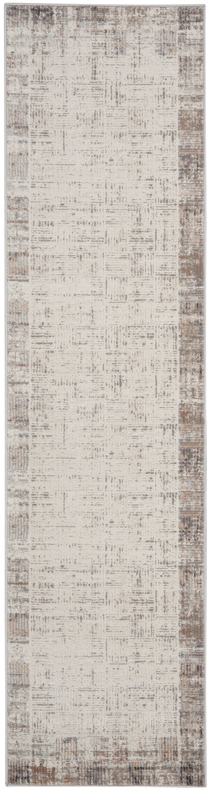 Distressed beige runner rug with cream center and brown border, modern hallway decor.