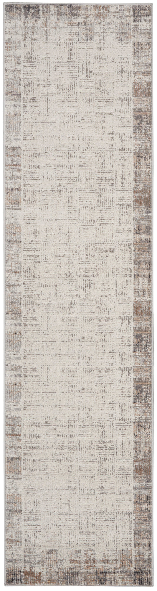 Distressed beige runner rug with cream center and brown border, modern hallway decor.