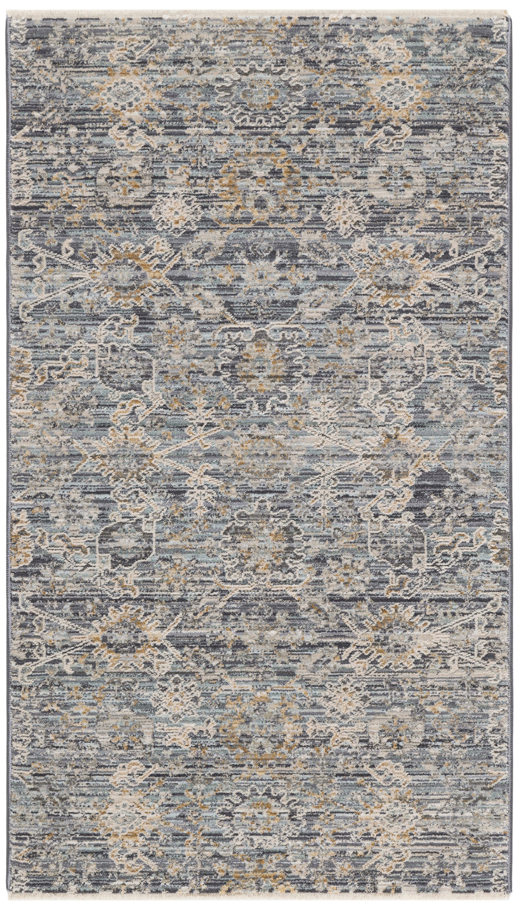 Rectangular blue-gray distressed floral rug with ivory and tan accents; vintage oriental style, fringed edges.