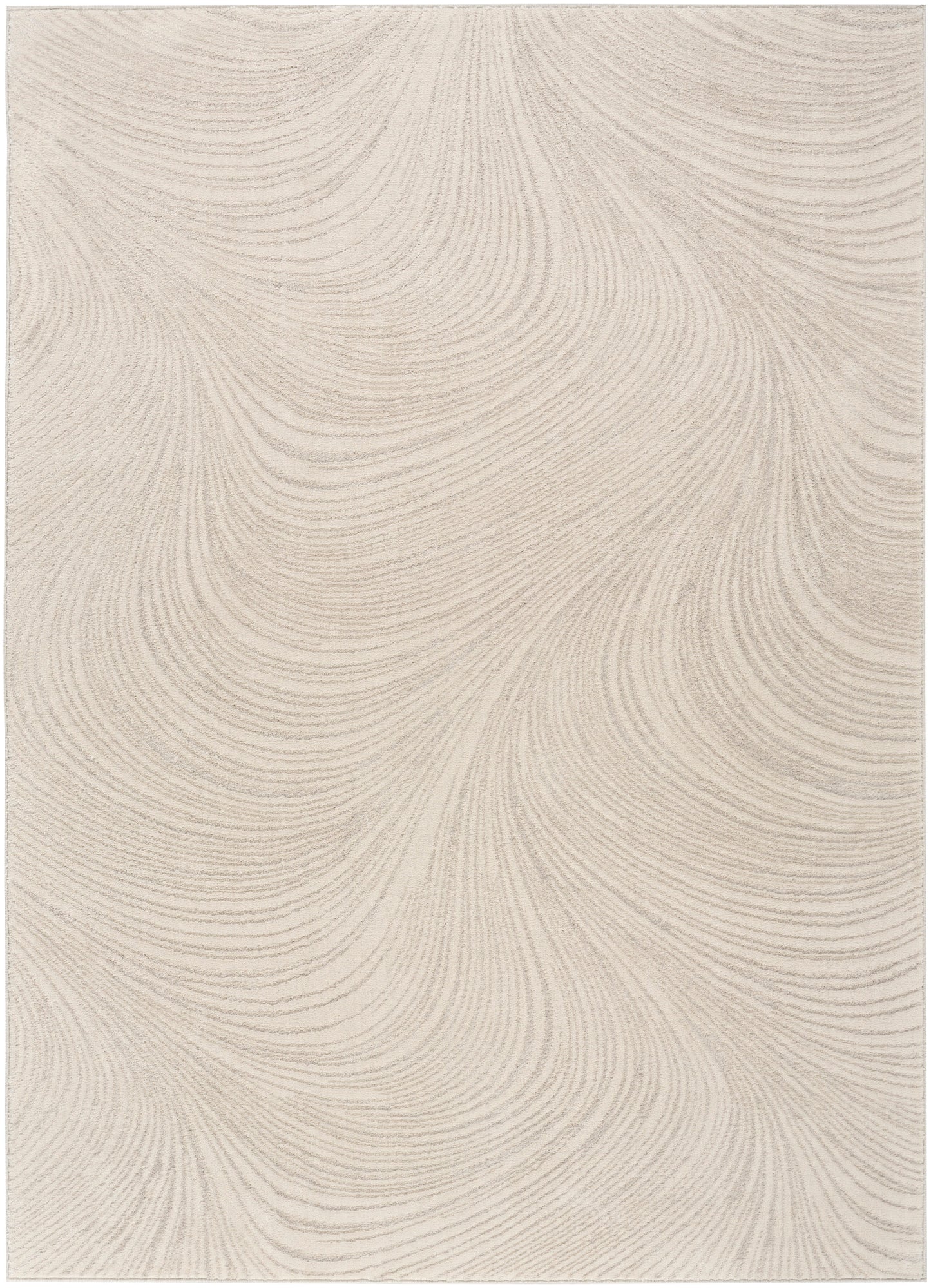 Rectangular beige rug with subtle swirling line pattern; woven texture, neutral modern living room accent.