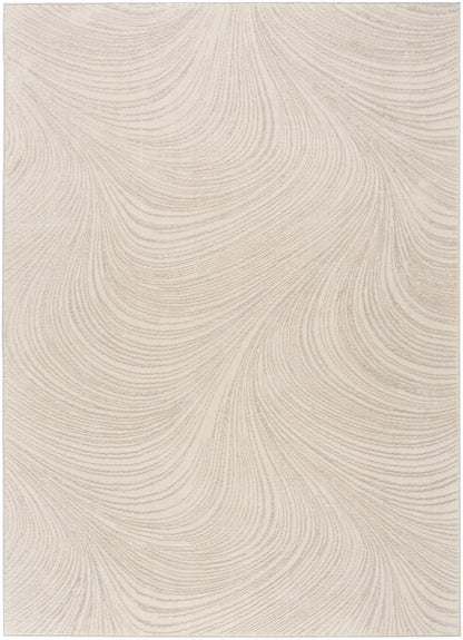 Rectangular beige rug with subtle swirling line pattern; woven texture, neutral modern living room accent.