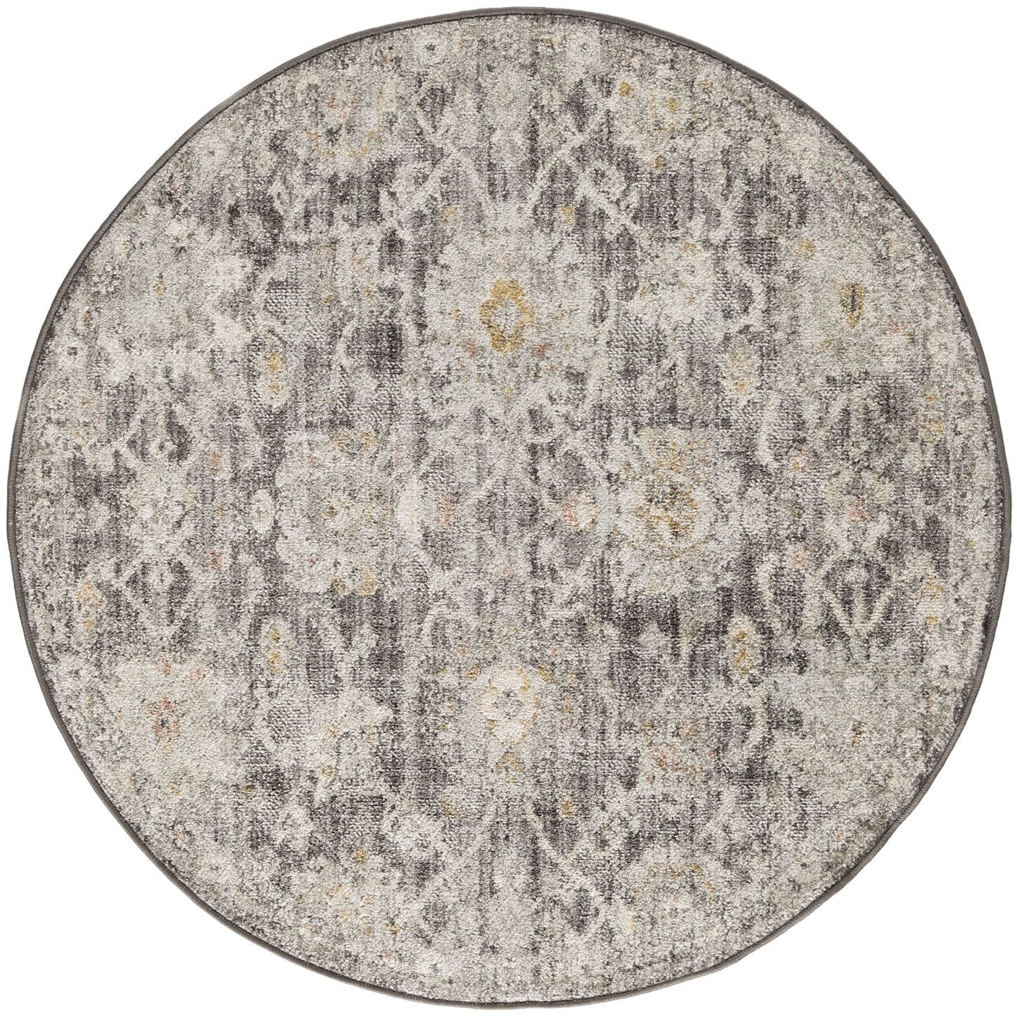 Round grey distressed-pattern area rug with beige & yellow accents; vintage-inspired, soft-textured pattern.