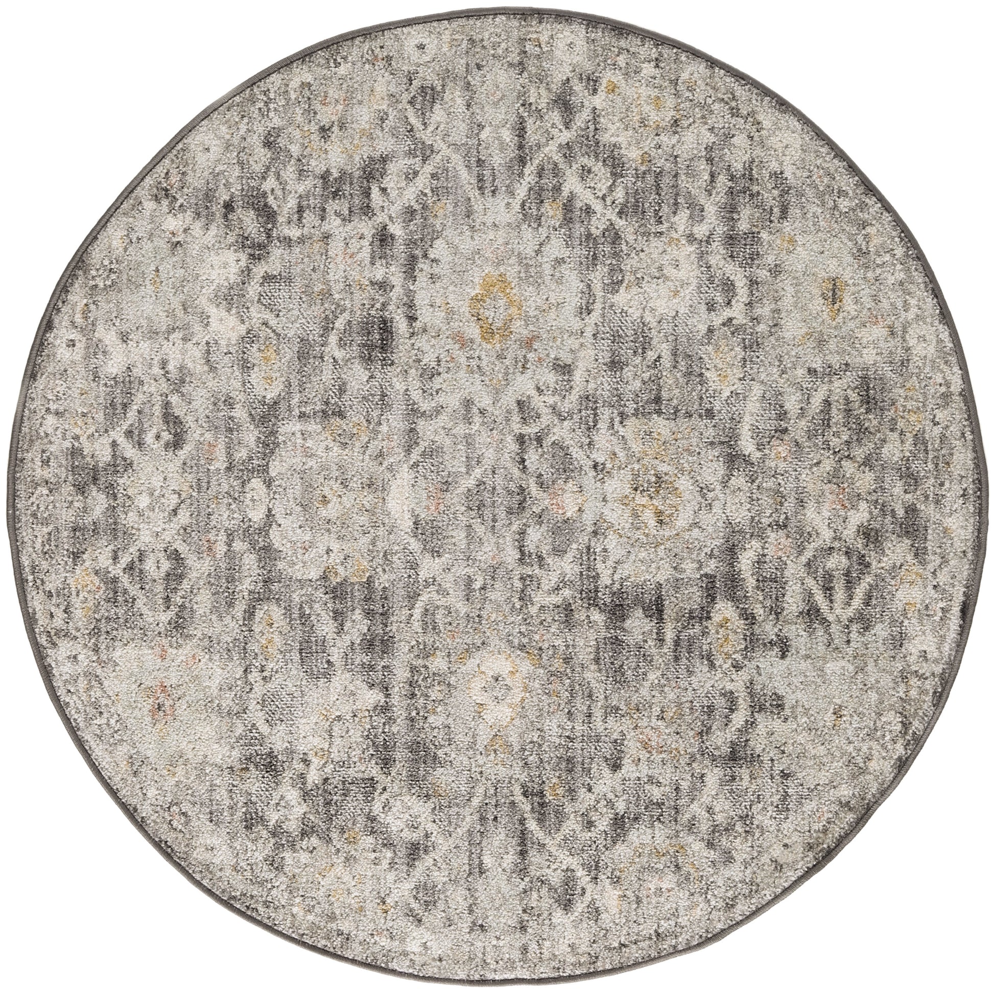 Round grey distressed-pattern area rug with beige & yellow accents; vintage-inspired, soft-textured pattern.