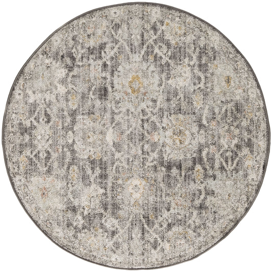 Round grey distressed-pattern area rug with beige & yellow accents; vintage-inspired, soft-textured pattern.