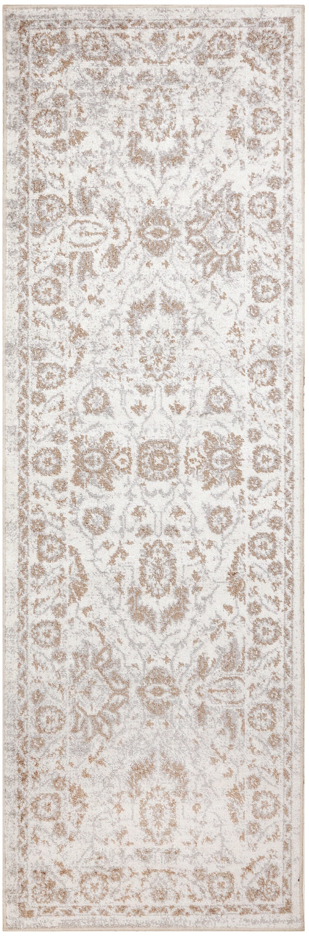 Traditional Persian-style runner in beige and ivory with an ornate floral medallion pattern; long hallway runner.