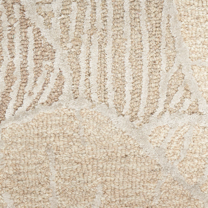 Beige textured runner rug with cream raised loop pattern in abstract shapes; soft woven pile.