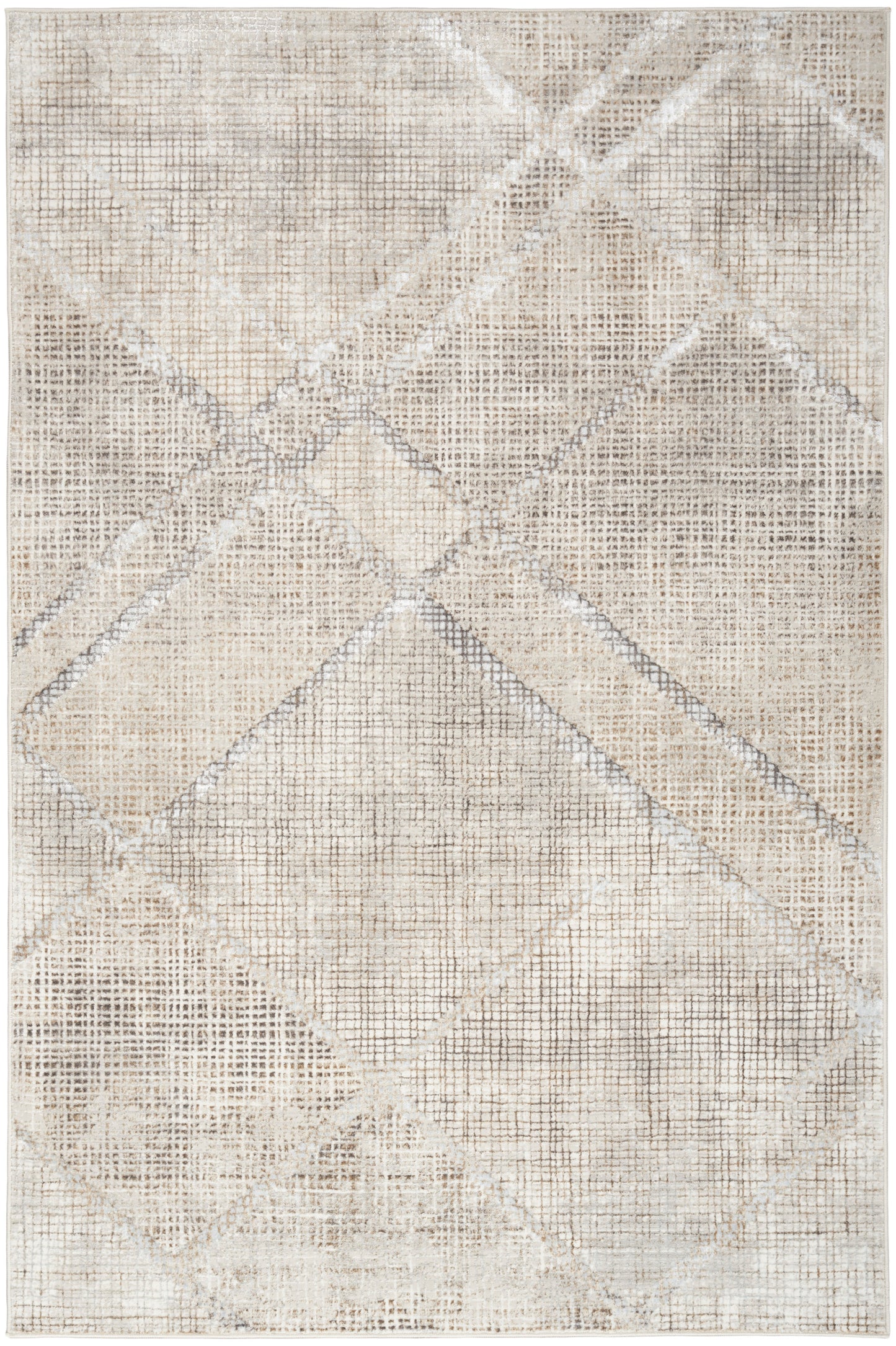 Rectangular woven rug in beige and cream tones with a muted distressed geometric lattice pattern.