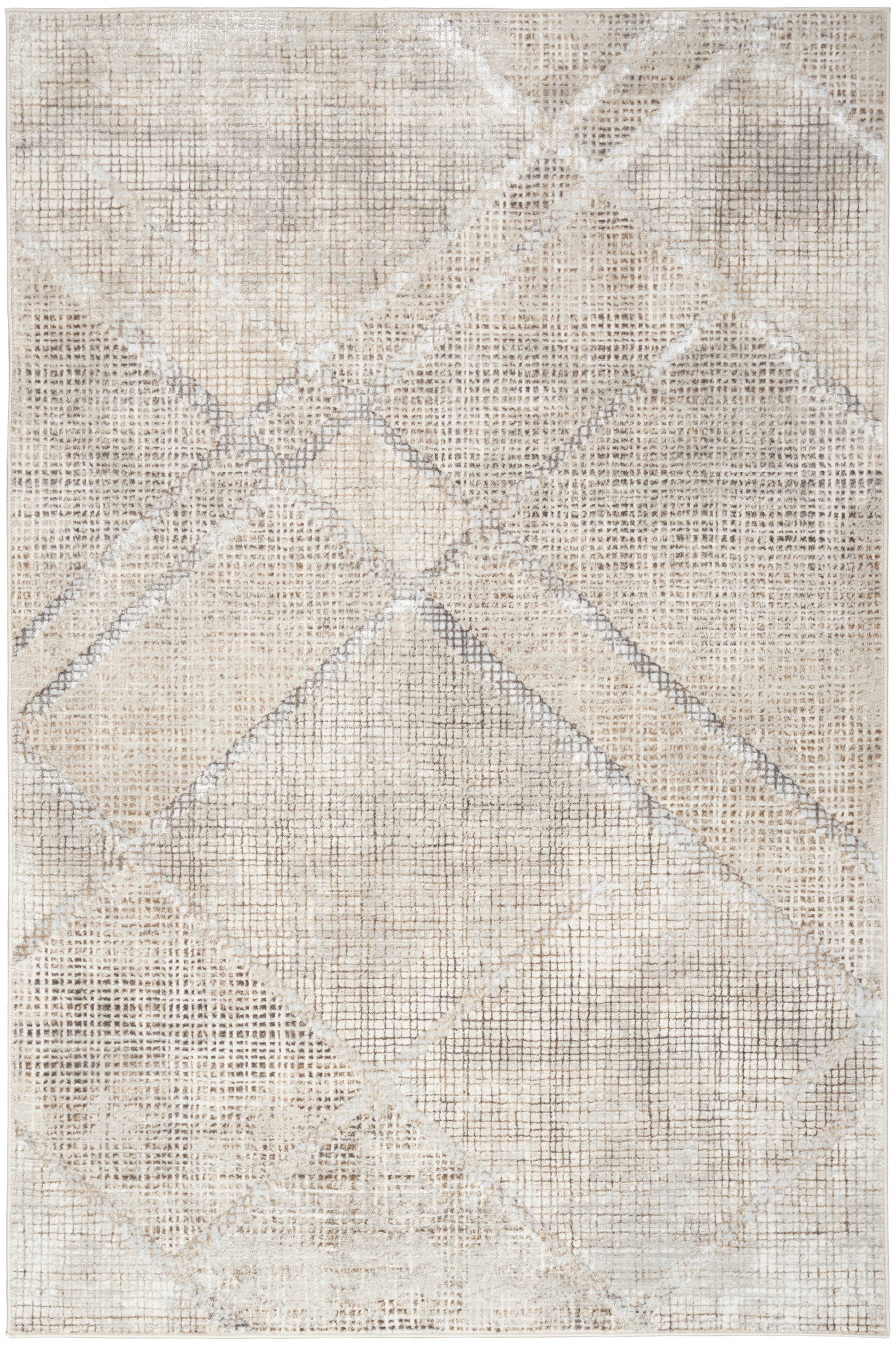 Rectangular woven rug in beige and cream tones with a muted distressed geometric lattice pattern.