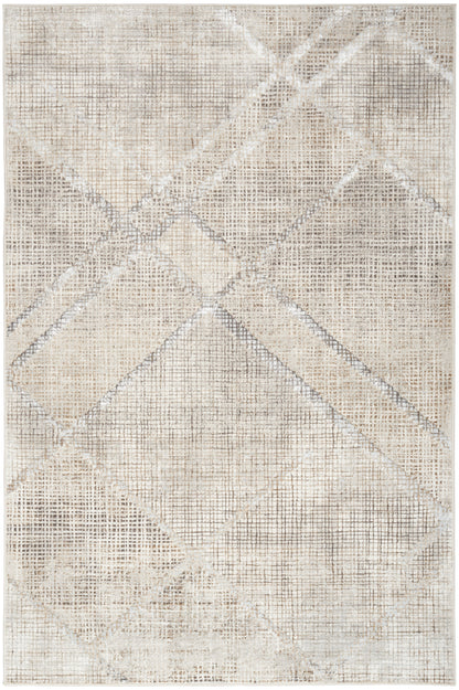Rectangular woven rug in beige and cream tones with a muted distressed geometric lattice pattern.