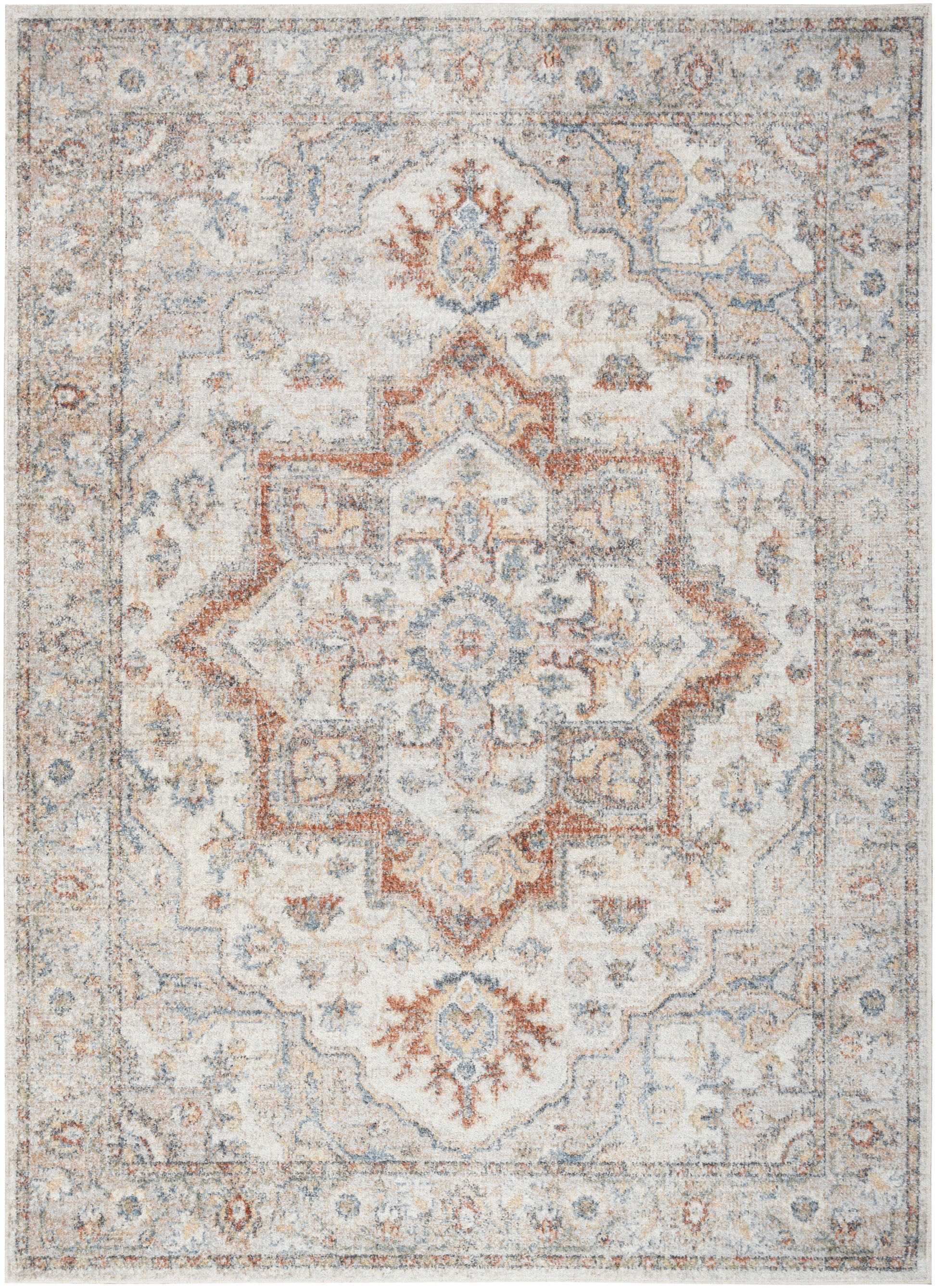 Neutral-toned oriental rug with ivory base, light blue and copper accents, ornate central medallion and floral border.