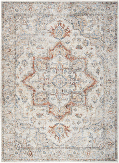 Neutral-toned oriental rug with ivory base, light blue and copper accents, ornate central medallion and floral border.