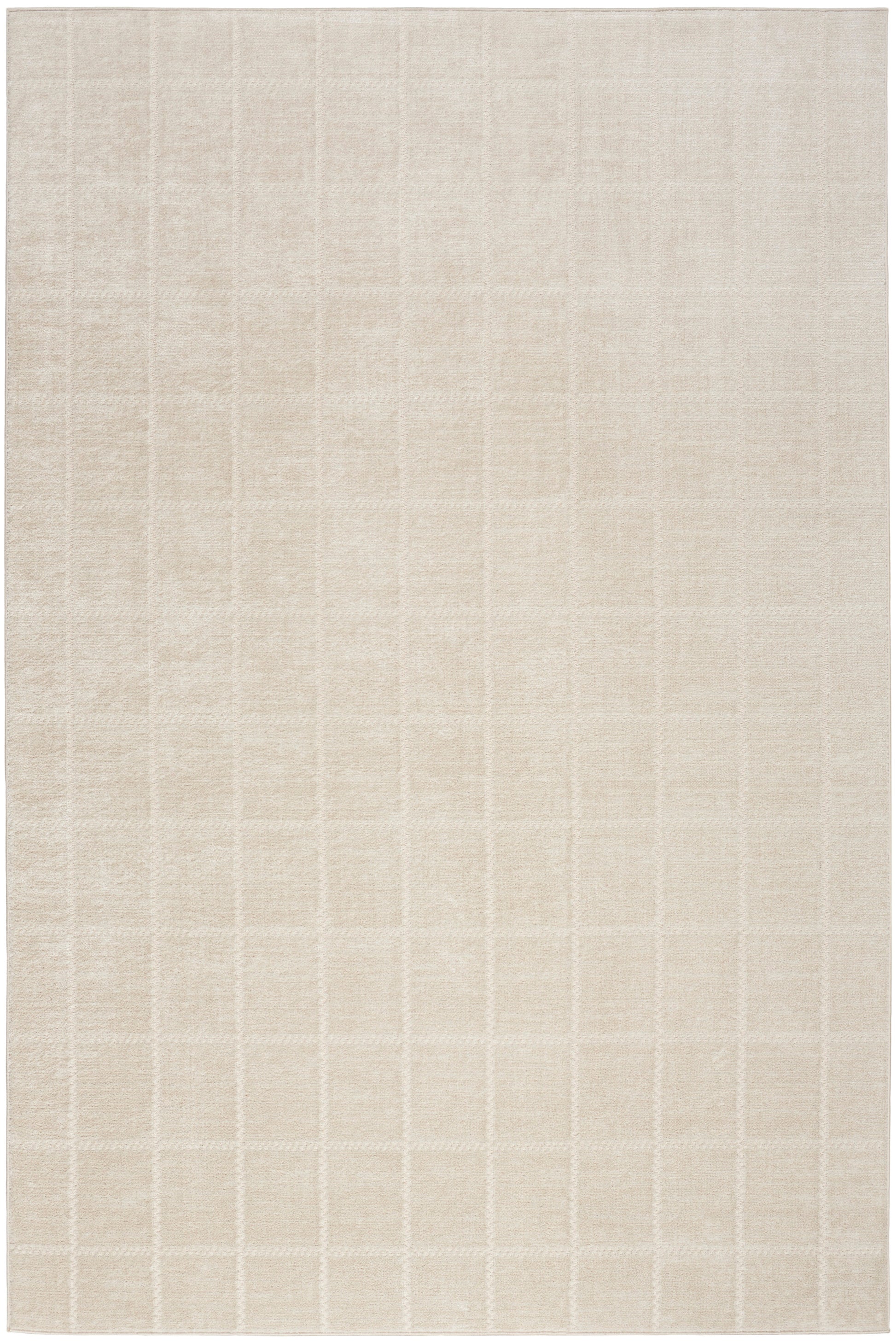 Beige rectangular rug with a subtle cream grid pattern and soft textured pile, 5' x 7'.