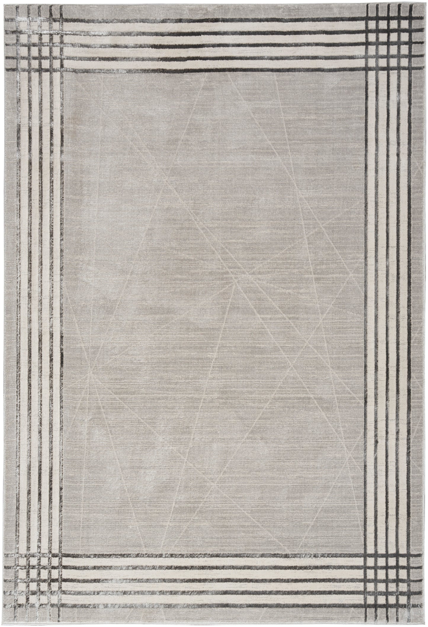 Beige rug with a charcoal plaid border and faint diagonal lines in the center; modern geometric style.