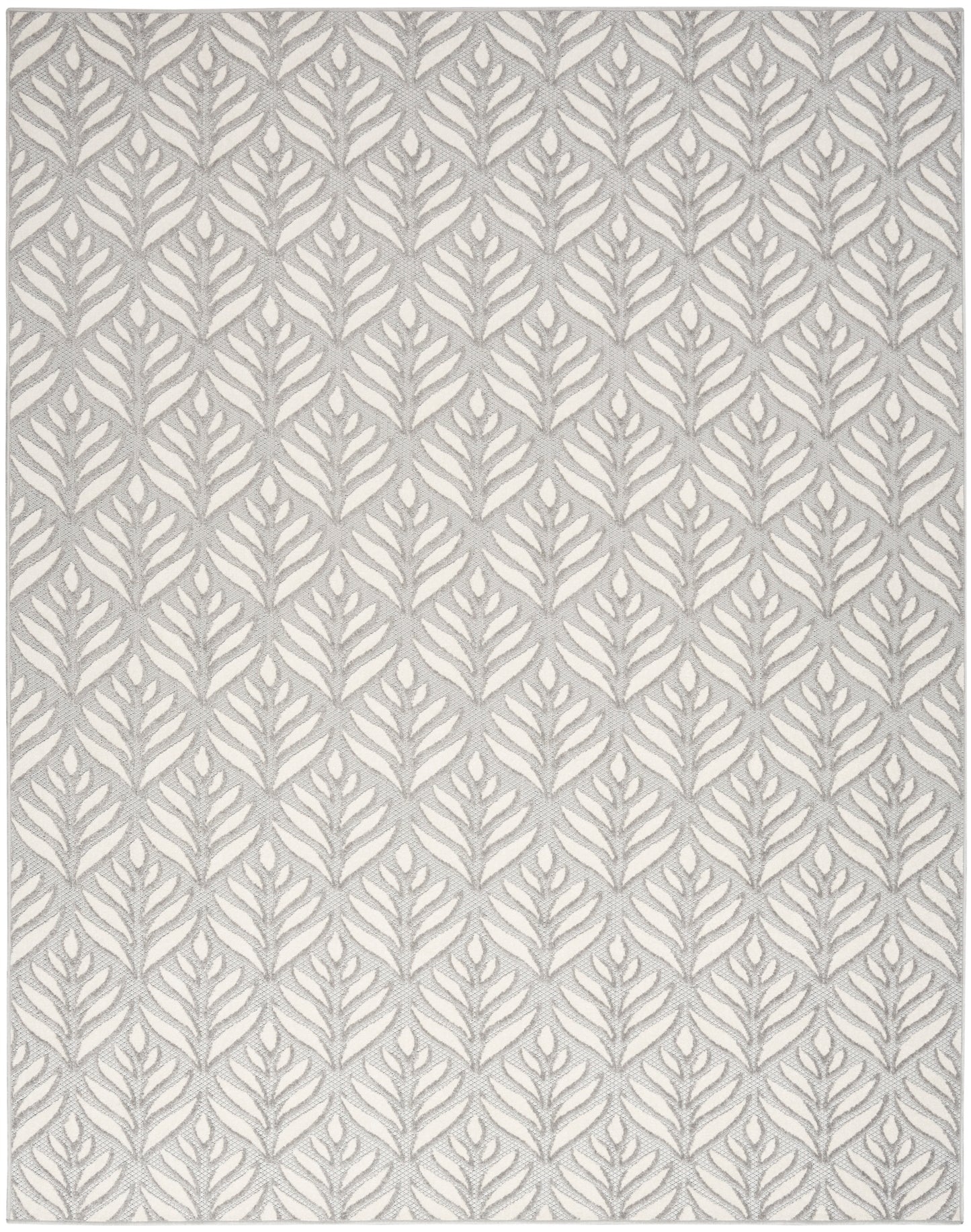Light gray and ivory leaf-pattern area rug; woven texture with botanical motif, contemporary home decor.