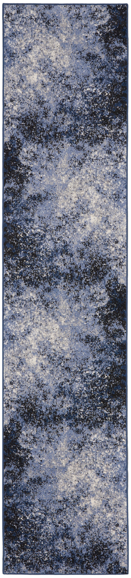 Long blue abstract runner rug with mottled navy and lighter blue patches.