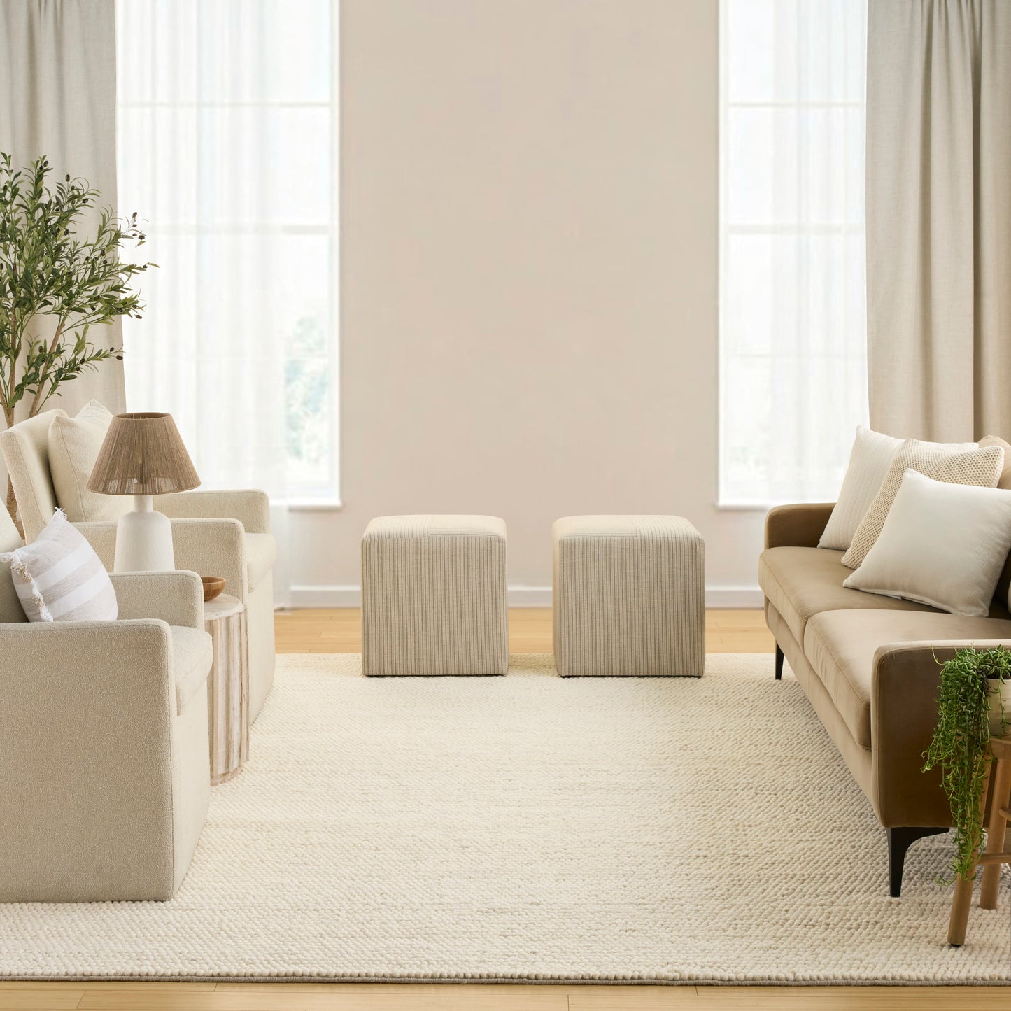 Neutral beige rug in a living room with plant, lamp & natural light; two sofas & square ottomans visible.