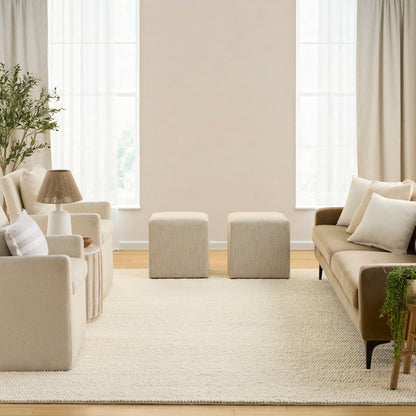Neutral beige rug in a living room with plant, lamp & natural light; two sofas & square ottomans visible.