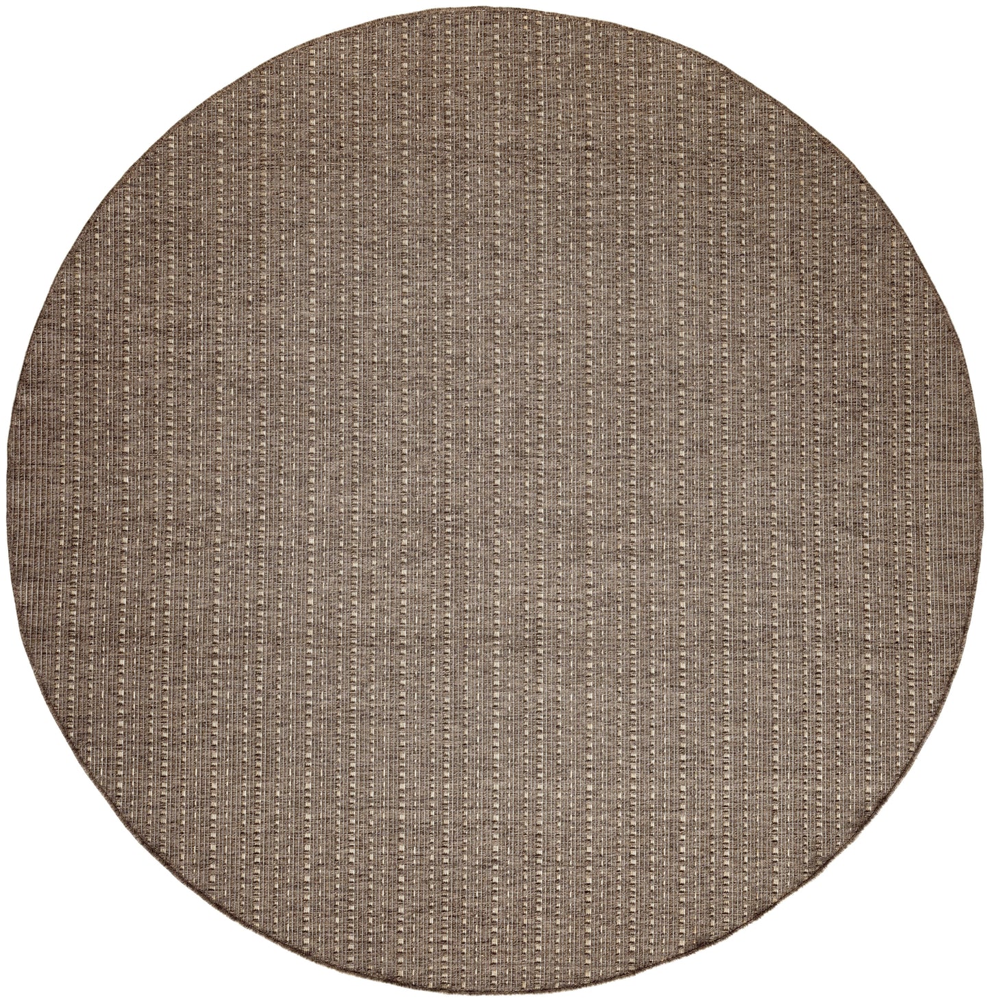 Round outdoor rug, brown woven with vertical stripe pattern in beige & taupe; rustic, flat-weave style.