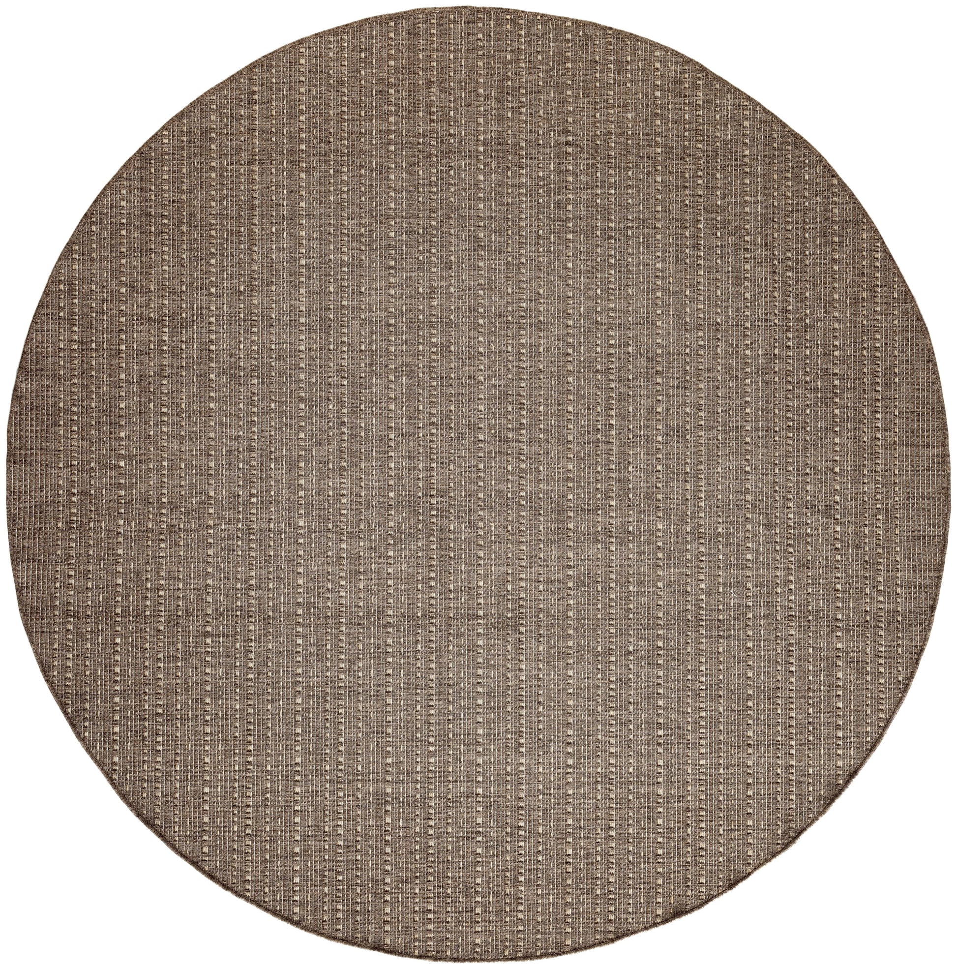 Round outdoor rug, brown woven with vertical stripe pattern in beige & taupe; rustic, flat-weave style.