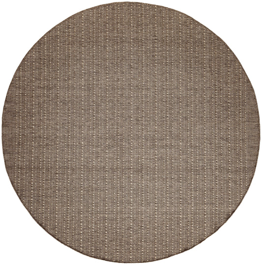 Round outdoor rug, brown woven with vertical stripe pattern in beige & taupe; rustic, flat-weave style.