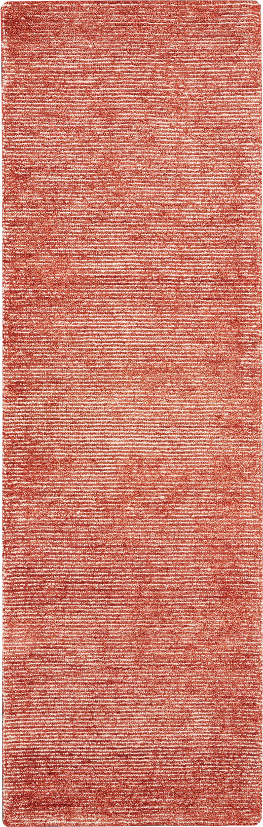 Coral red woven rug runner with textured, heathered stripes; long rectangular hallway rug.