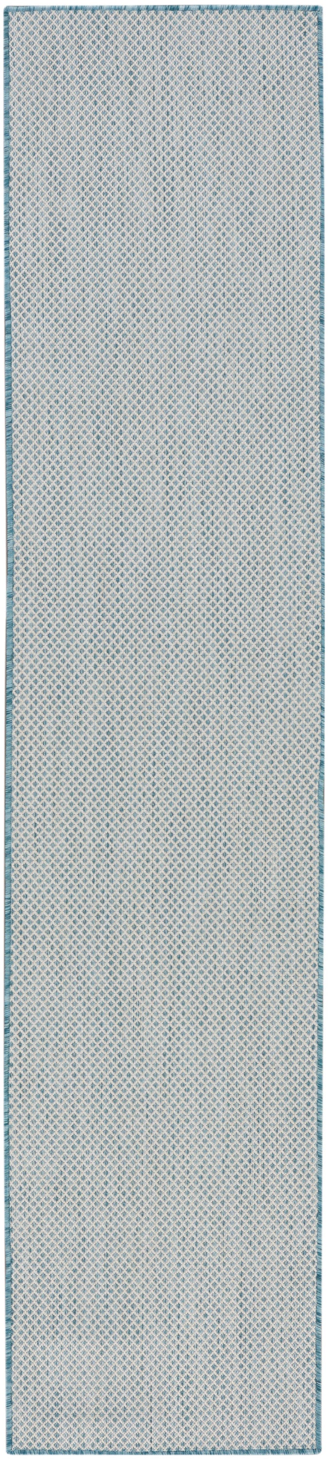 Light blue and white diamond lattice runner rug with teal border.