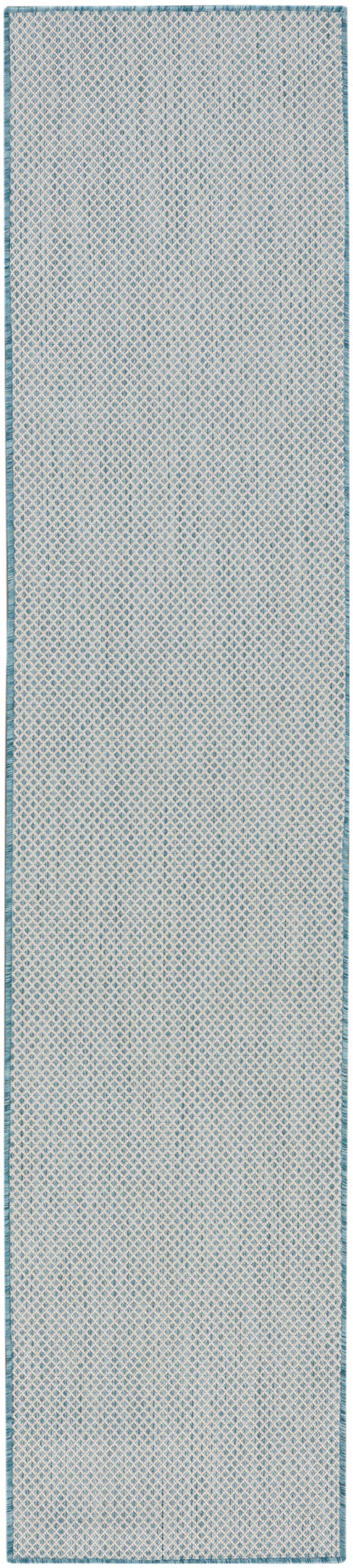 Light blue and white diamond lattice runner rug with teal border.