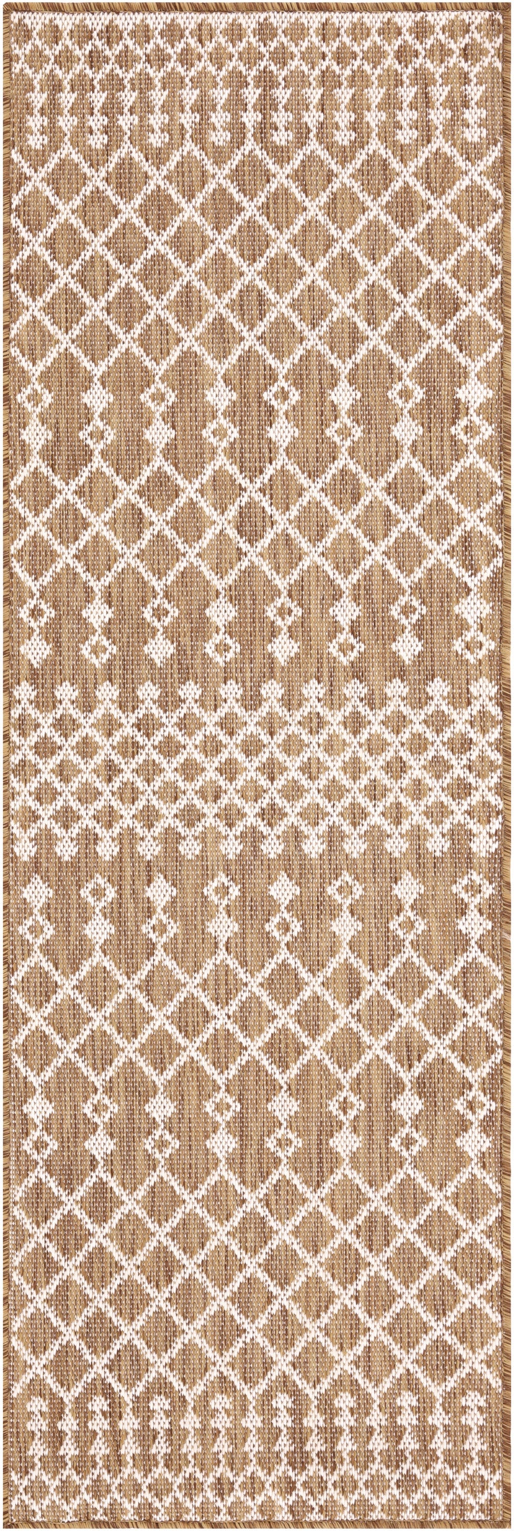 Beige jute-like woven runner rug with white diamond lattice pattern and fringed ends.