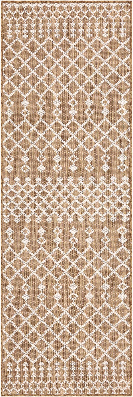 Beige jute-like woven runner rug with white diamond lattice pattern and fringed ends.