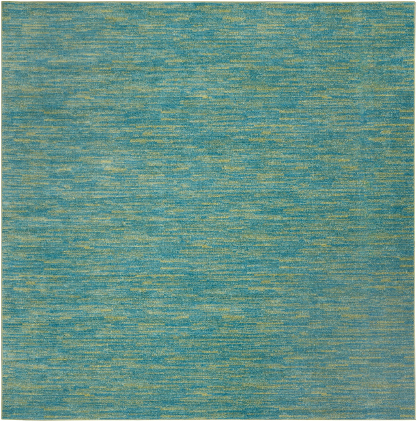 Teal & gold flat-weave outdoor rug with subtle horizontal streaks; rectangular, modern coastal style.