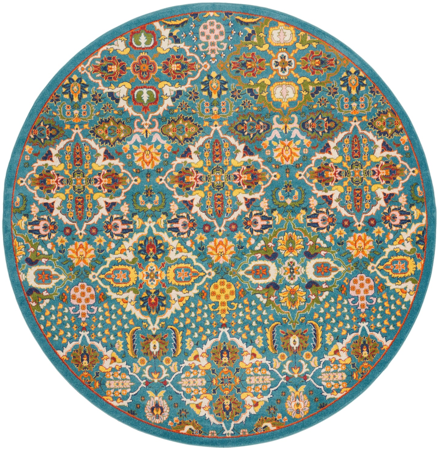 Round teal rug with a vibrant Persian-style floral pattern in orange, yellow, pink, white and blue; turquoise border.