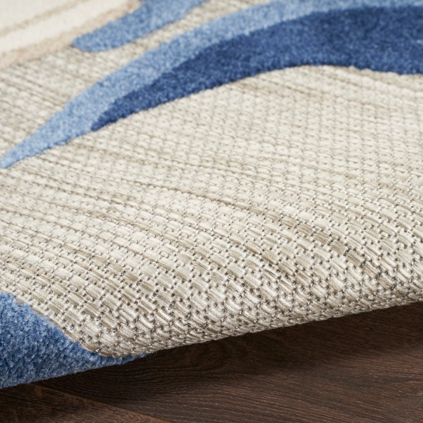 Beige woven area rug with blue curved stripes, loop-pile texture, rectangular on wood floor.
