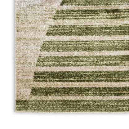 Rectangular woven rug with olive-green horizontal stripe blocks on beige background; mid-century modern style.
