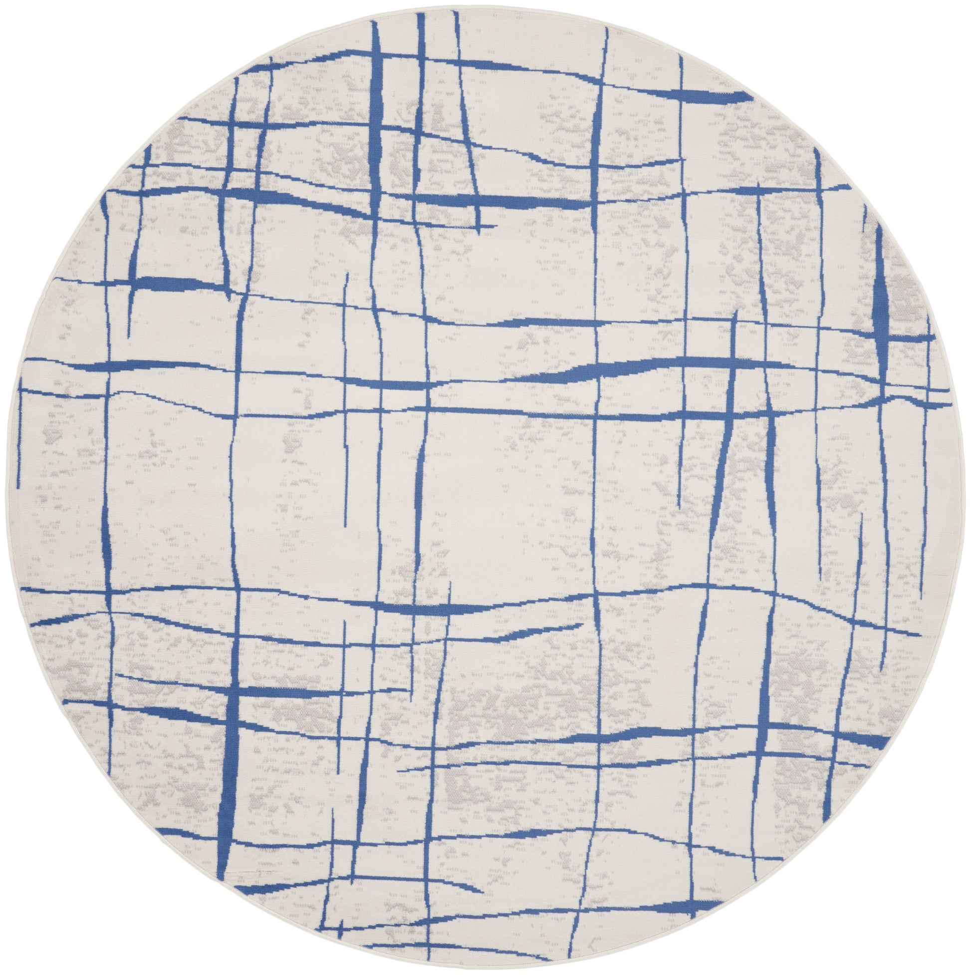 Round beige rug with blue grid pattern; abstract modern pattern for home decor
