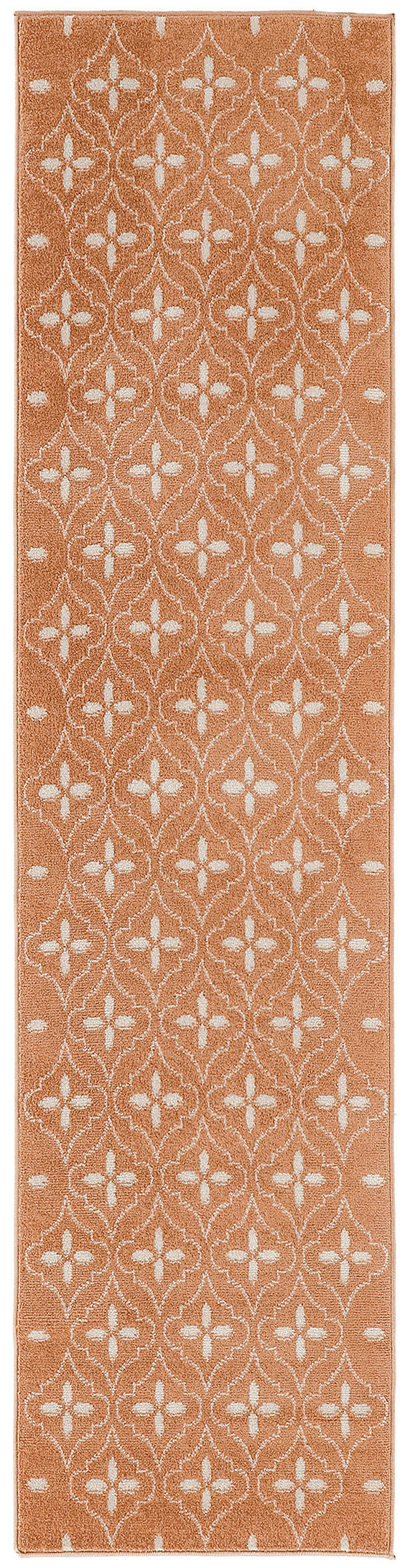 Orange runner rug with white geometric floral lattice pattern; soft textured hallway decor.