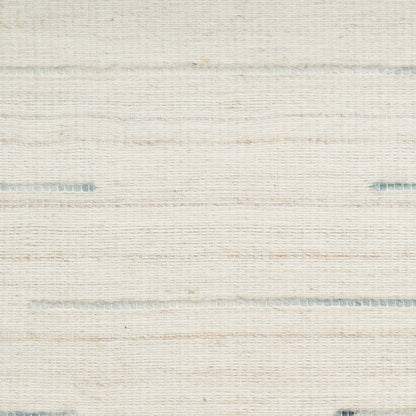 Cream rug with subtle blue-gray horizontal stripes; soft linen-like woven texture.