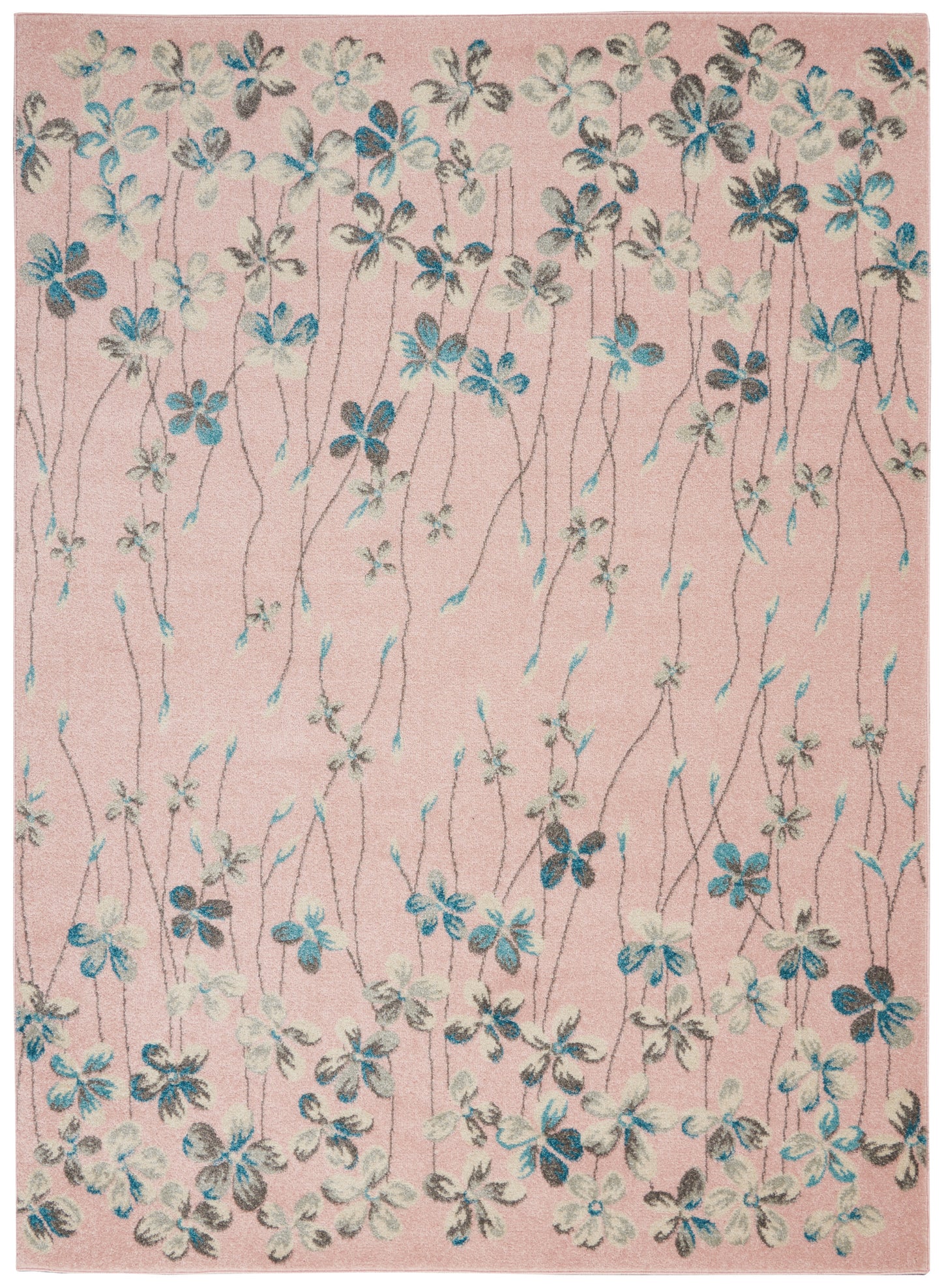 Soft pink area rug with slender brown stems and blue-gray petals in a botanical pattern.