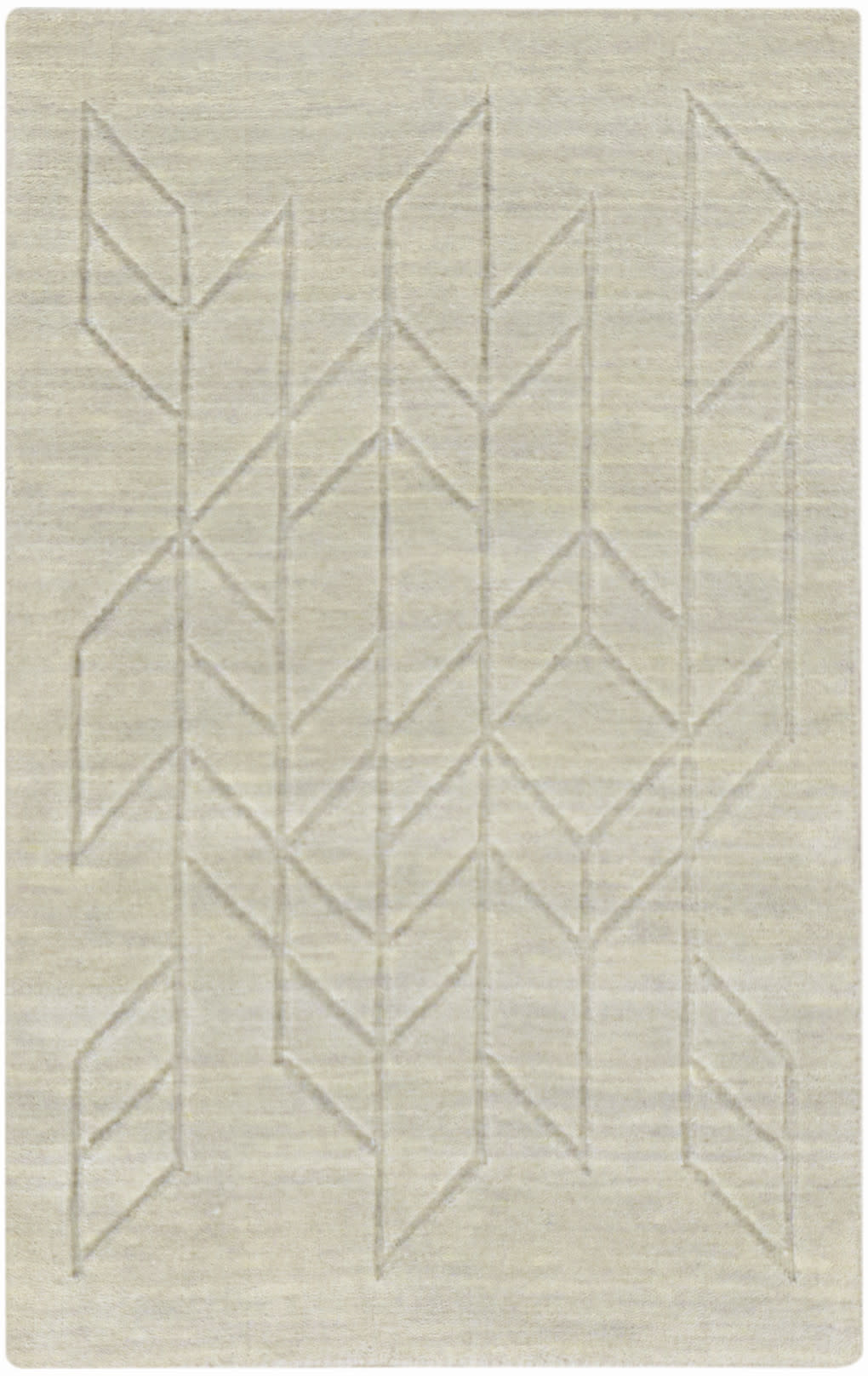 Beige woven rug with raised geometric chevron and diamond pattern; neutral, modern decor.