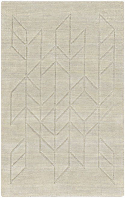 Beige woven rug with raised geometric chevron and diamond pattern; neutral, modern decor.