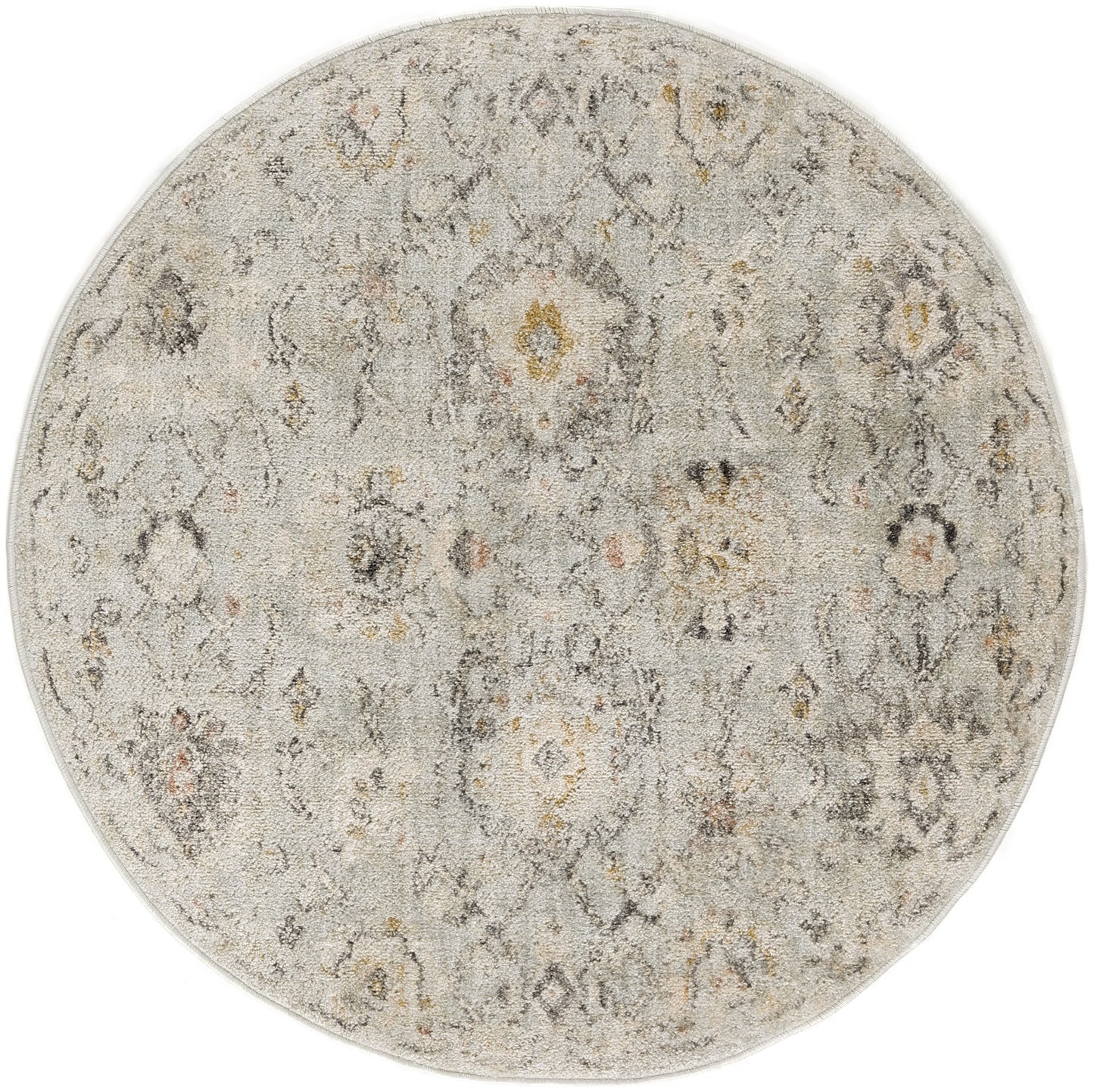 Round 8' beige-gray rug with a distressed floral medallion pattern on a soft ivory base.