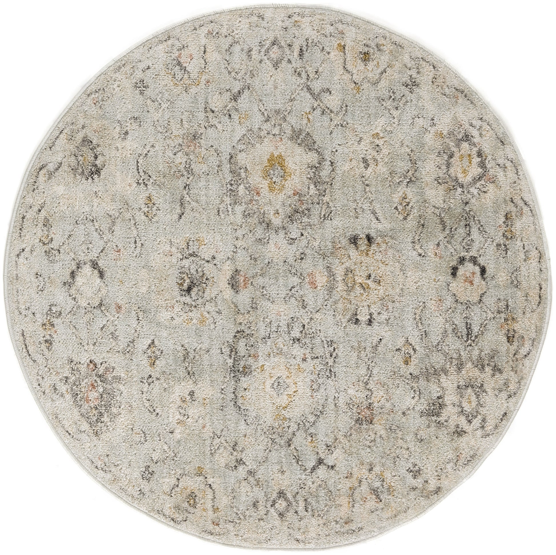 Round 8' beige-gray rug with a distressed floral medallion pattern on a soft ivory base.