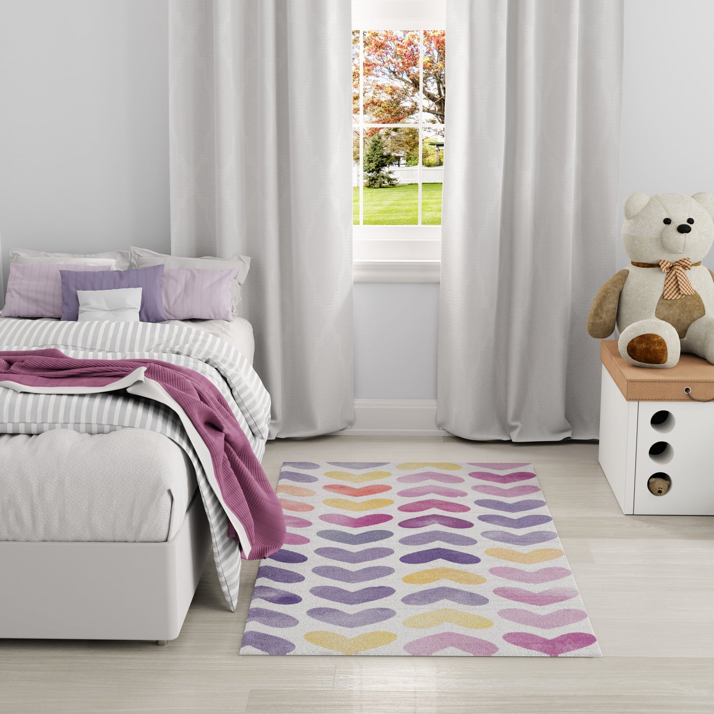 Cozy kids' bedroom with white bed, lavender pillows, striped bedding, pink throw, pastel teardrop rug, teddy on nightstand.