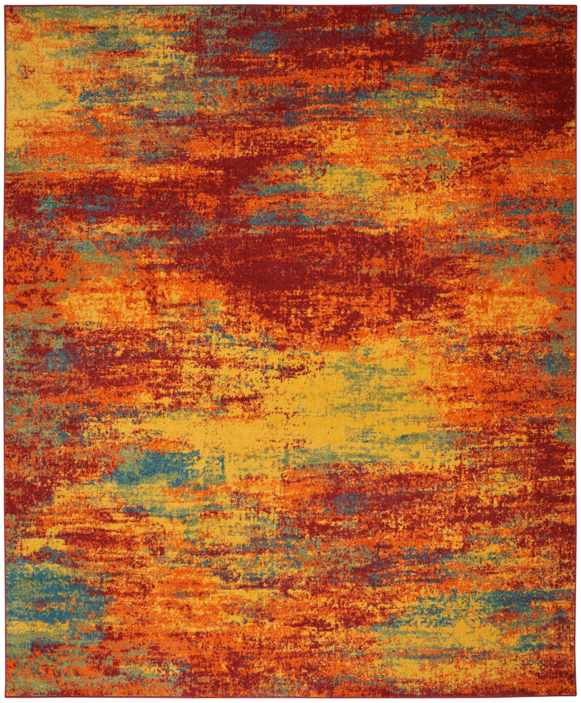 Abstract area rug with warm orange, red and yellow tones, teal accents, a distressed modern brushstroke pattern.