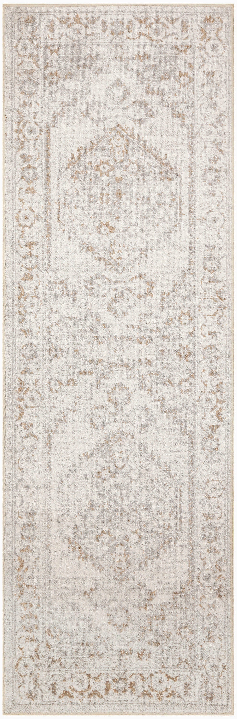 Cream-beige oriental runner rug with distressed floral medallions and decorative border; neutral tones.